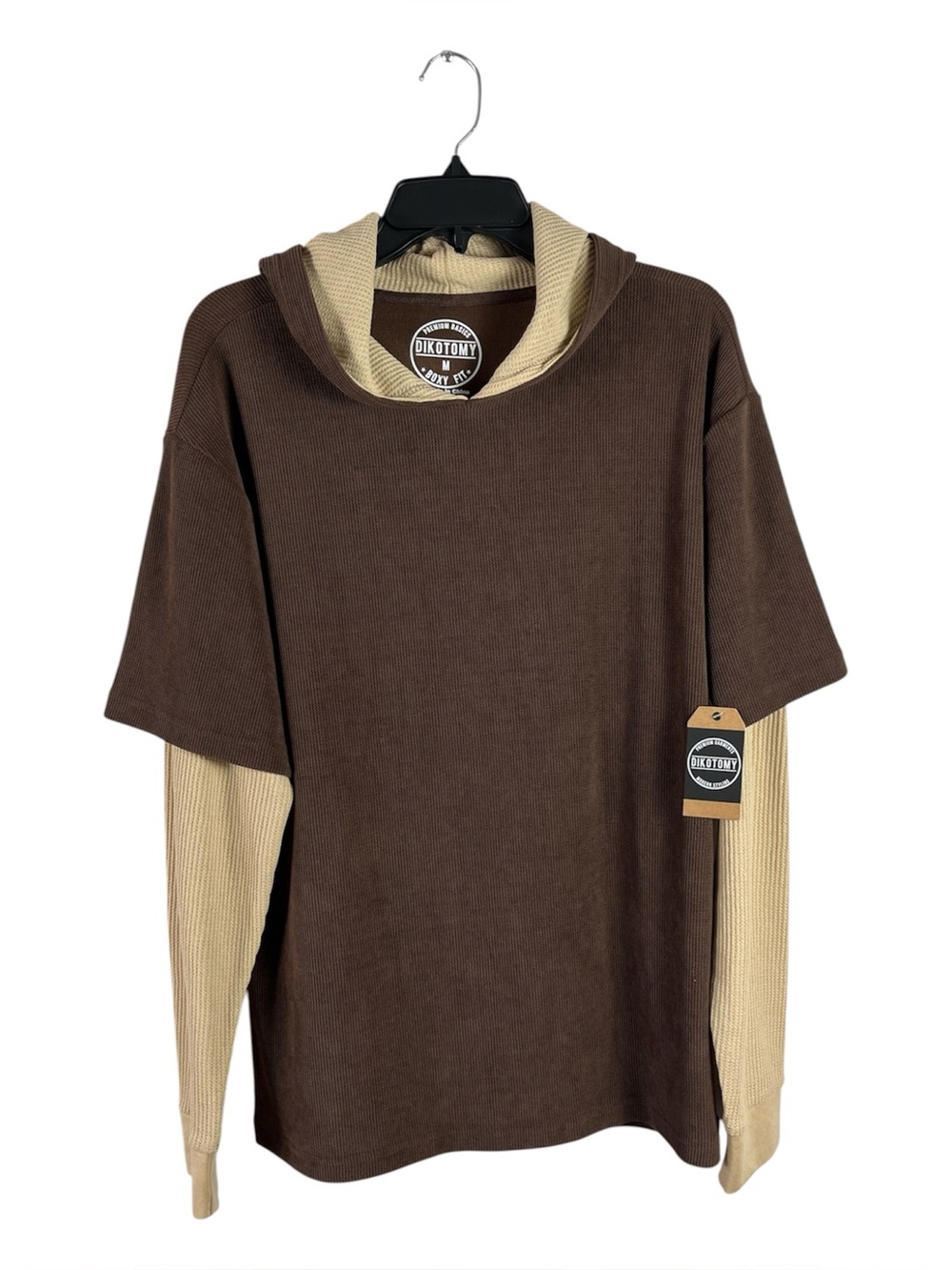 NWT Dikotomy Men’s Boxy Fit Hooded Twofer Pullover M Brown Beige Knit